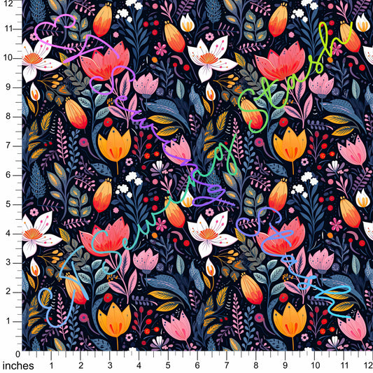Cotton Twill - Gouache Painted Flowers - 0.5 yard Pre-cut