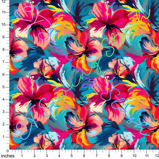 Cotton Twill - Acrylic Flowers - Hibiscus - By the metre