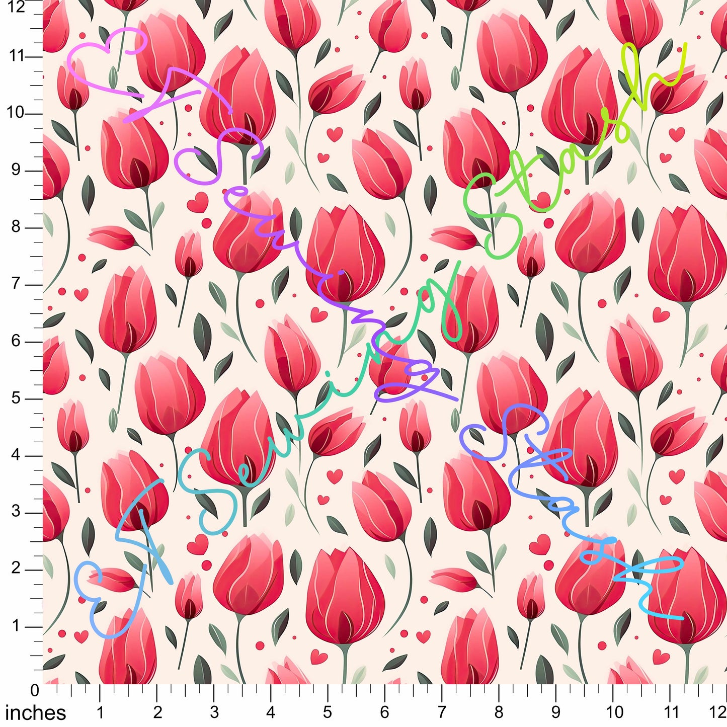 Cotton Twill - Bright Red Tulips - 1-metre Pre-cut