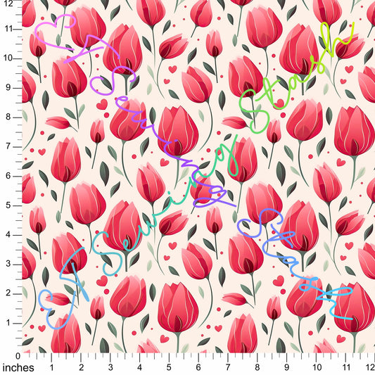 Cotton Twill - Bright Red Tulips - 1-metre Pre-cut