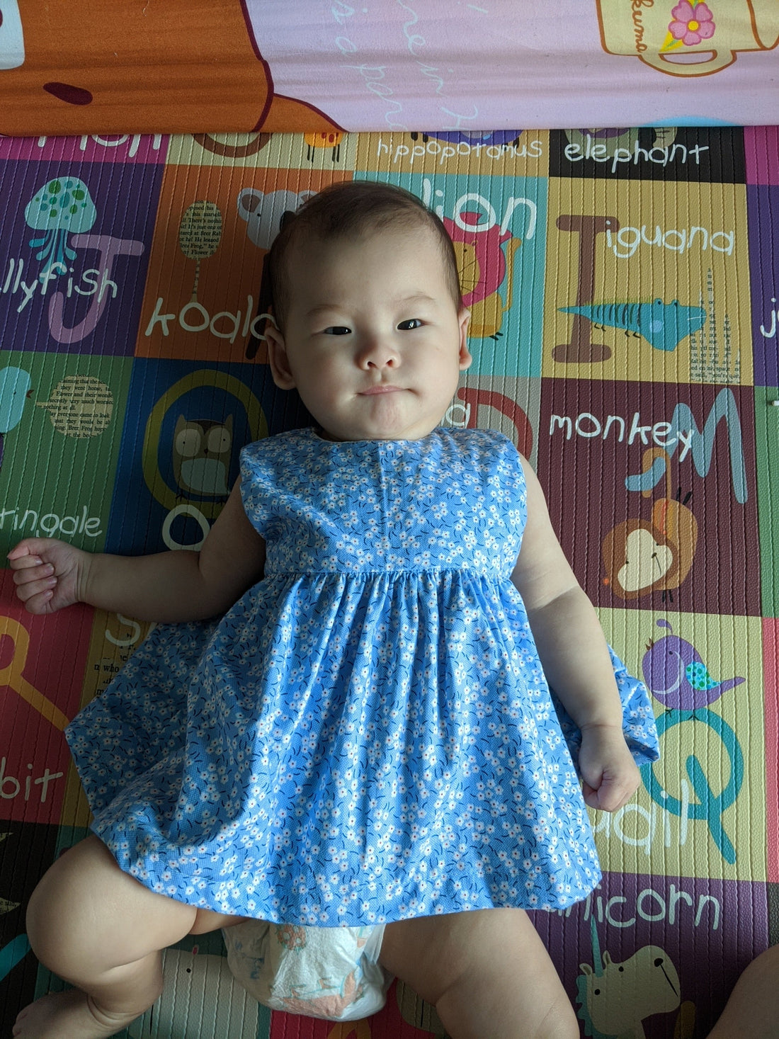 baby girl wearing a light blue with ditsy florals dress. It is the first dress that her mother ever made.