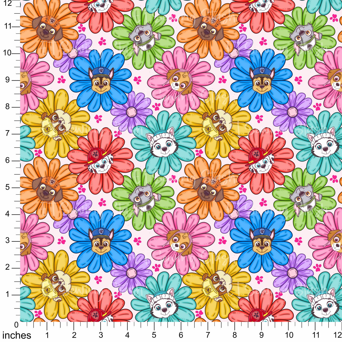 Cotton Twill - Patrolling Pups Flowers Toss - 1 yard Pre-cut
