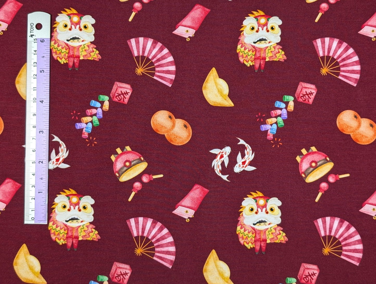 Bamboo Lycra - Chinese New Year - Symbol Toss (Garnet) - 1-metre