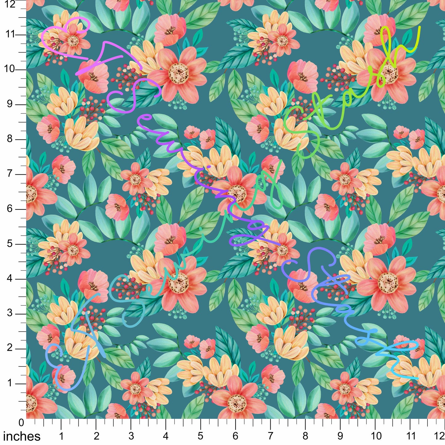 Cotton Twill - Acrylic Flowers - Blooming Flowers (Teal) - By the metre