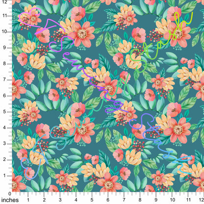 Cotton Twill - Acrylic Flowers - Blooming Flowers (Teal) - By the metre