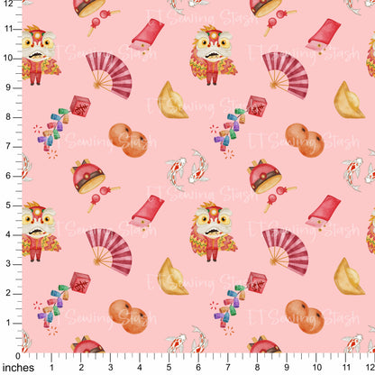 Cotton Twill - Chinese New Year - Symbol Toss (Pink) - 0.5m Precut