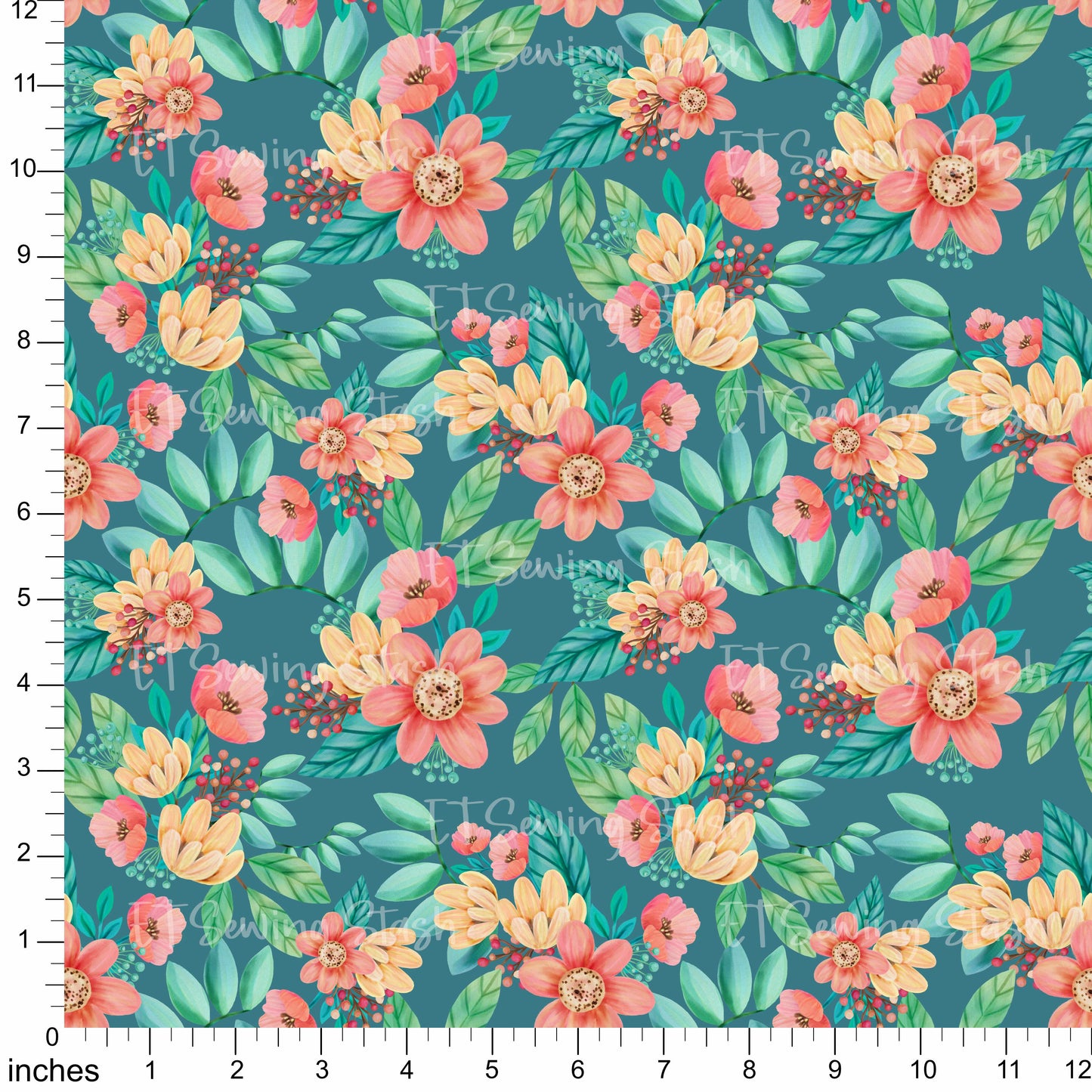 Cotton Twill - Acrylic Flowers - Blooming Flowers (Teal) - By the metre