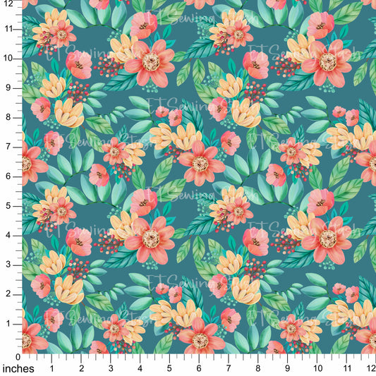 Cotton Twill - Acrylic Flowers - Blooming Flowers (Teal) - By the metre