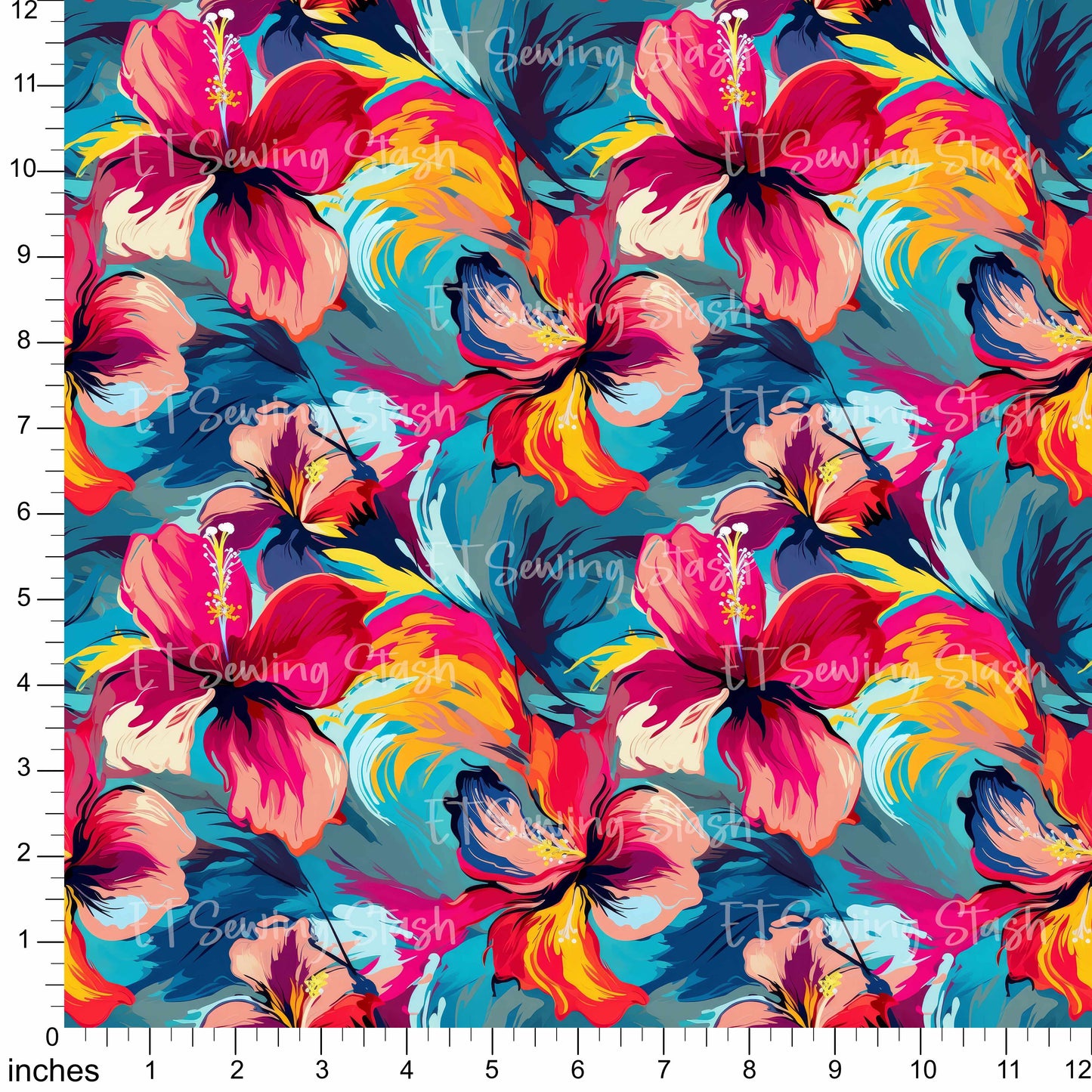 Cotton Twill - Acrylic Flowers - Hibiscus - By the metre