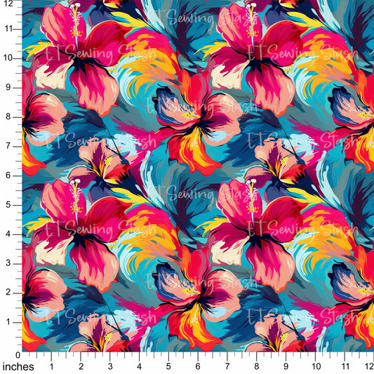 Cotton Twill - Acrylic Flowers - Hibiscus - By the metre