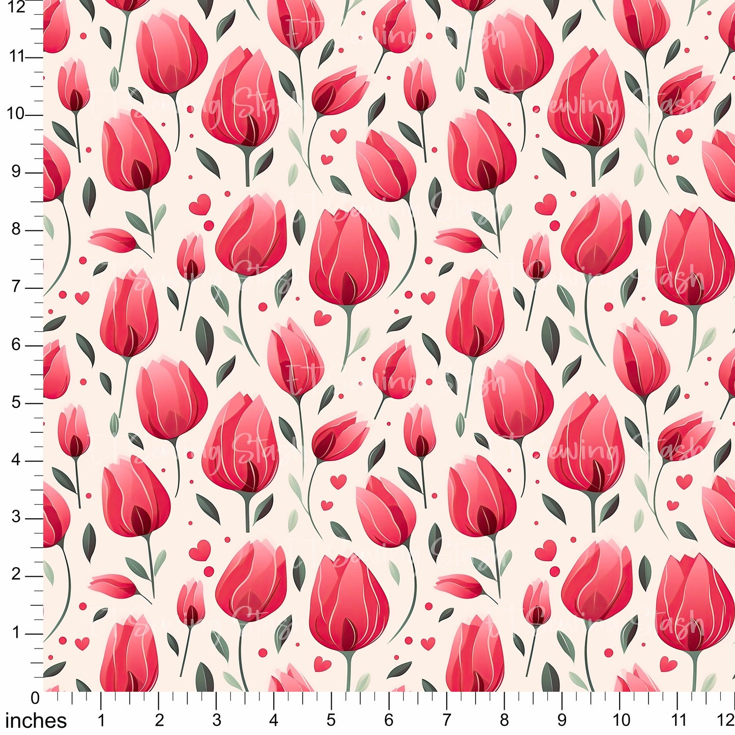 Cotton Twill - Bright Red Tulips - 1-metre Pre-cut