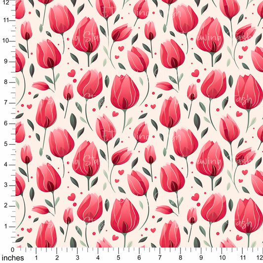 Cotton Twill - Bright Red Tulips - 1-metre Pre-cut
