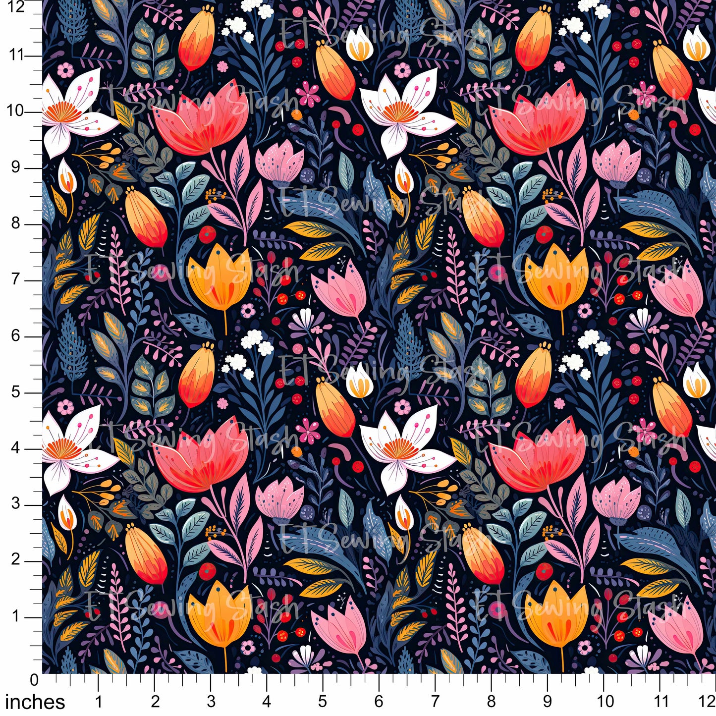 Cotton Twill - Gouache Painted Flowers - 1 yard Pre-cut