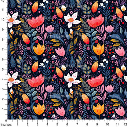 Cotton Twill - Gouache Painted Flowers - 1 yard Pre-cut