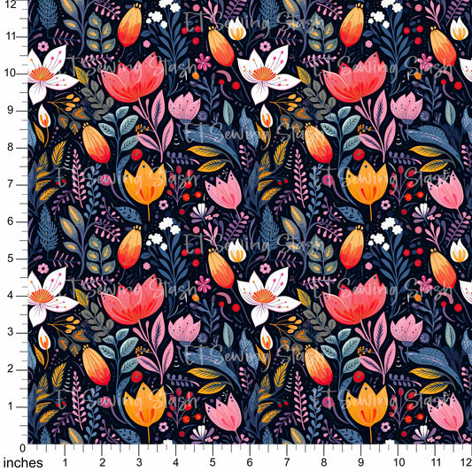 Cotton Twill - Gouache Painted Flowers - 1 yard Pre-cut