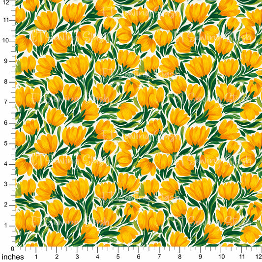 Cotton Twill - Painted Yellow Tulips - 1 metre Pre-cut