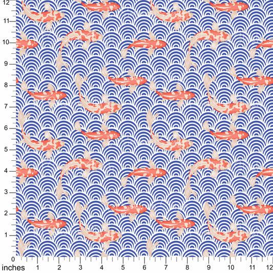 Cotton Twill - Koi and Blue Waves - By the Yard