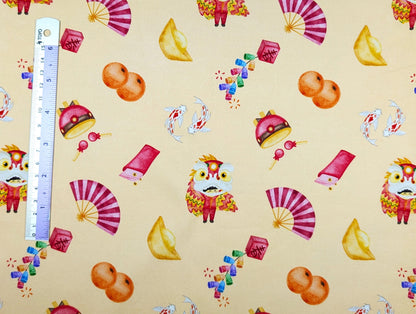 Cotton Lycra - Chinese New Year - Symbol Toss (Peach) - By the metre