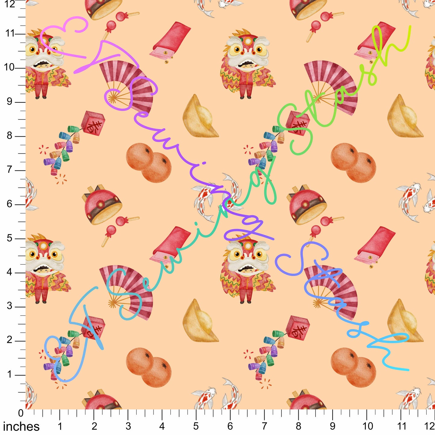 Cotton Lycra - Chinese New Year - Symbol Toss (Peach) - By the metre