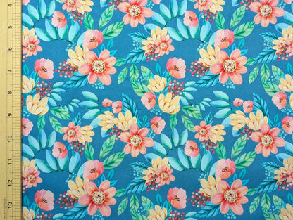 Cotton Twill - Acrylic Flowers - Blooming Flowers (Teal) - By the metre