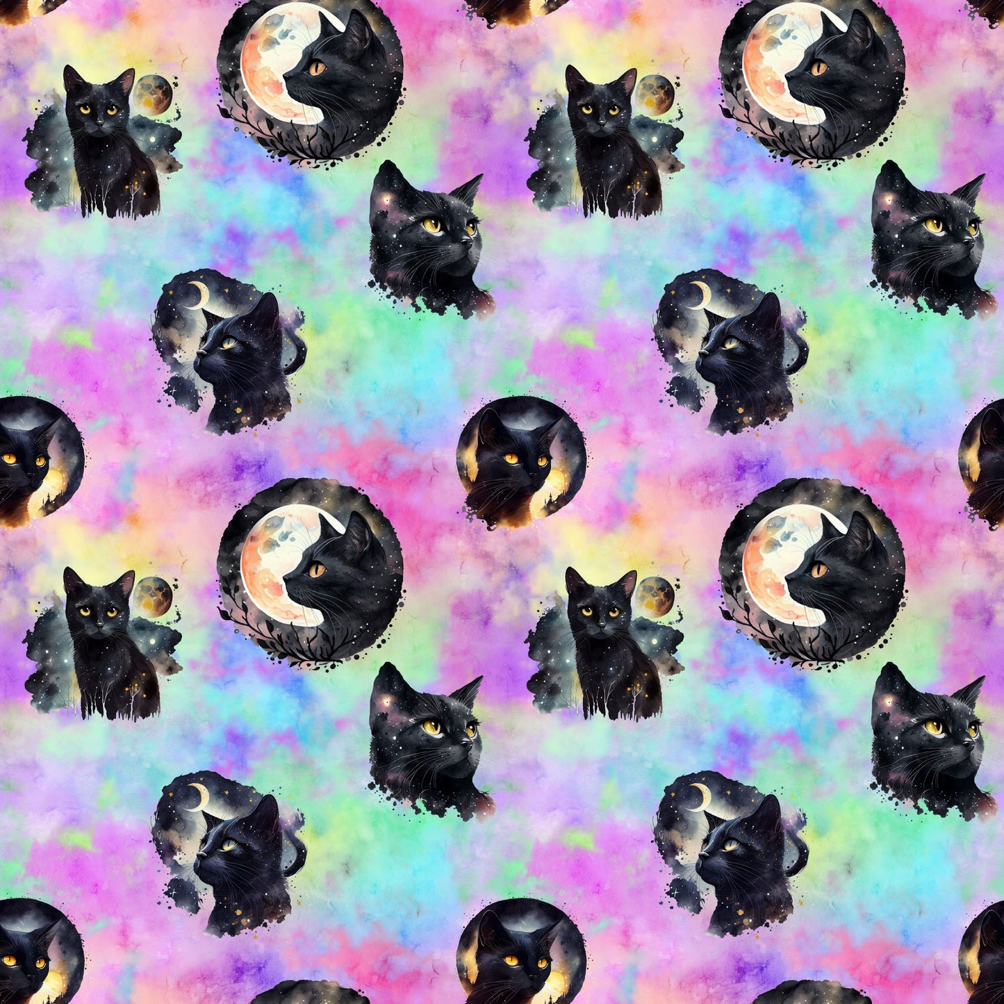 Galaxy Cats (Rainbow Watercolour) - Cotton Lycra - 1-yard Precut