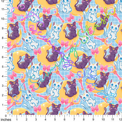 Cotton Canvas - Galaxy Girls - Cats (Blue) - 1-metre