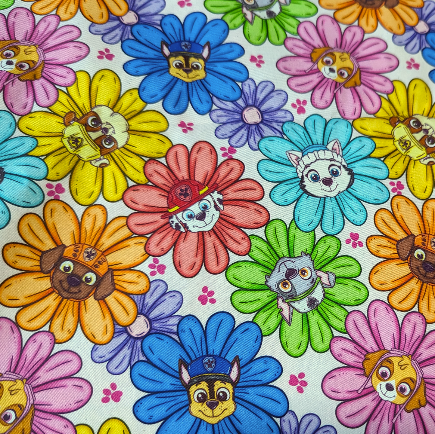 Cotton Twill - Patrolling Pups Flowers Toss - 1 yard Pre-cut