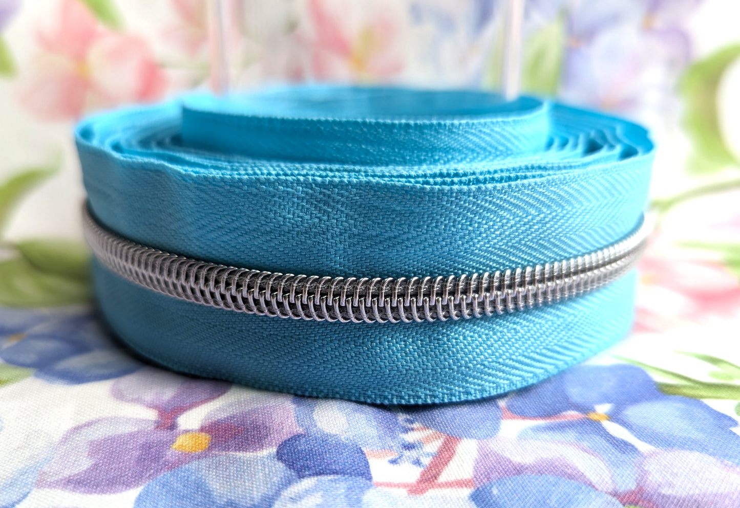 #5 Sky Blue Zipper Tape - Silver Nylon Coil