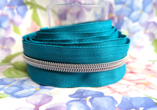 #5 Lighter Teal Zipper Tape - Silver Nylon Coil