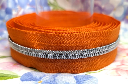 #5 Orange Zipper Tape - Silver Nylon Coil